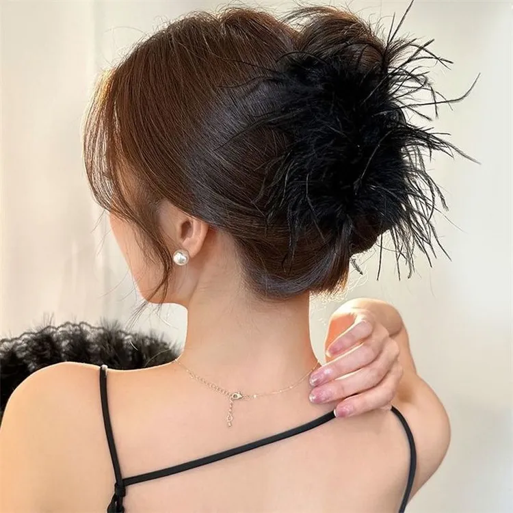 黑色法式甜美风羽毛抓夹鲨鱼夹后脑勺盘发发卡超仙发夹子女头饰