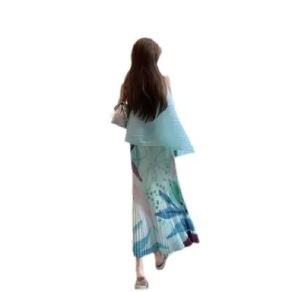 三宅褶皱女装温套装女纯色不规则背心上衣夏季半身裙套装066 172