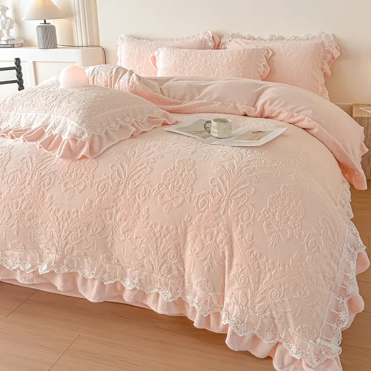 法式雕花花边款加厚牛奶绒四件套加绒保暖双面绒床单被套床上用品