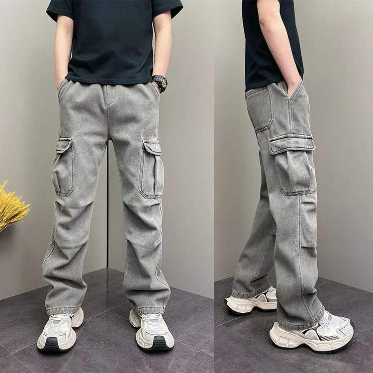 韩版纯色休闲裤男2025春季宽松掐折直筒长裤户外韩版大口袋工装裤