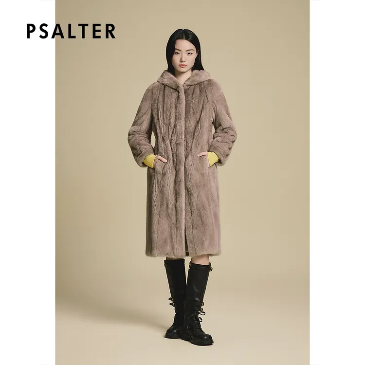诗篇专选简约带帽水貂皮草连帽貂皮大衣女2025冬季新款