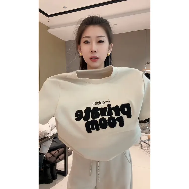 欧洲站2025秋冬新款毛巾绣字母图案短袖T恤女宽松洋气圆领上衣ins