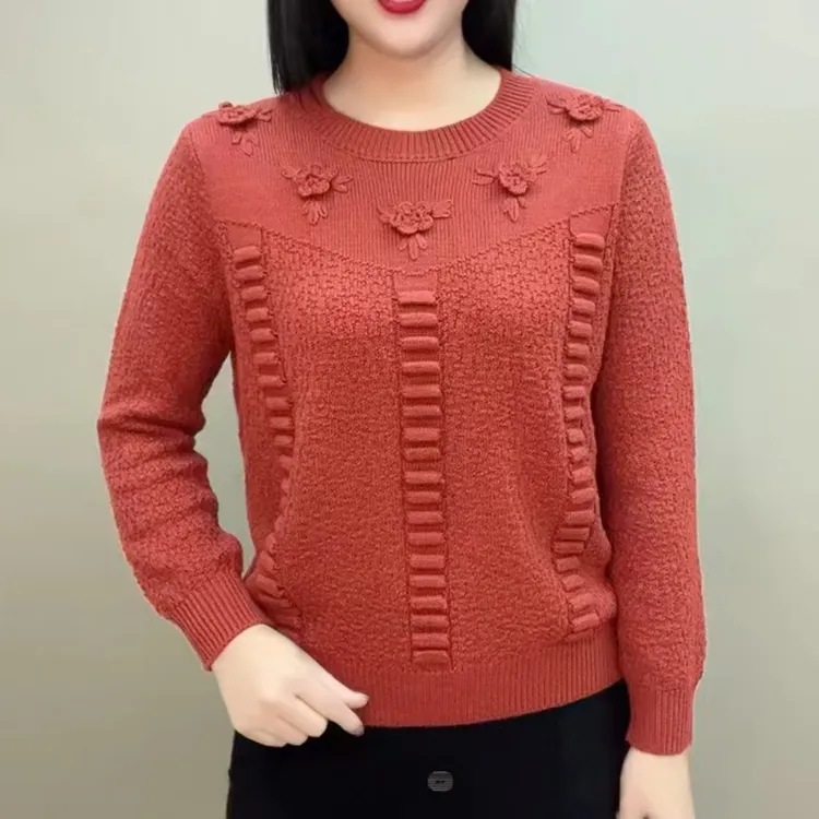 时尚洋气五朵小花提花针织衫女2025春季新款气质妈妈宽松显瘦毛衣