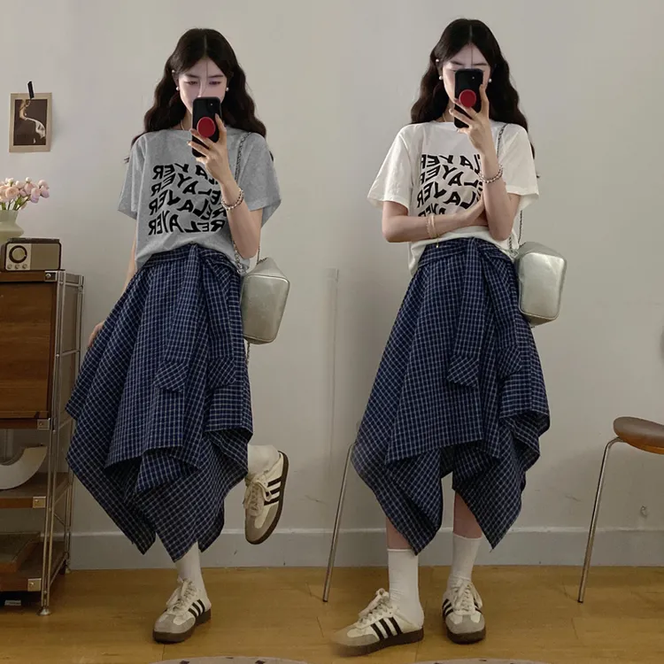 大码夏季新款胖MM遮肉显瘦印花短袖T恤格子半身裙洋气减龄穿搭