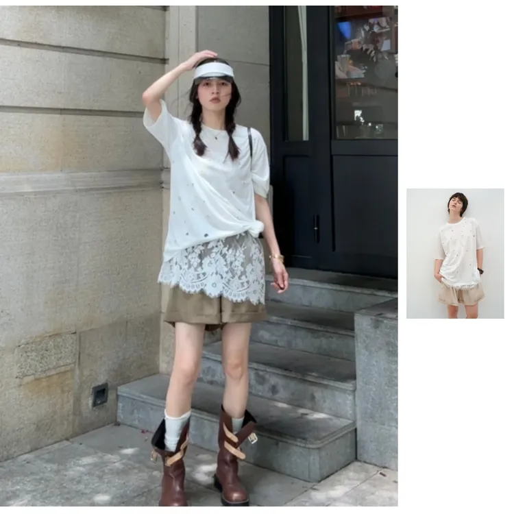 CAYLA 设计师品牌 25早秋宽松休闲T恤常规款提花舒适外穿圆领短袖