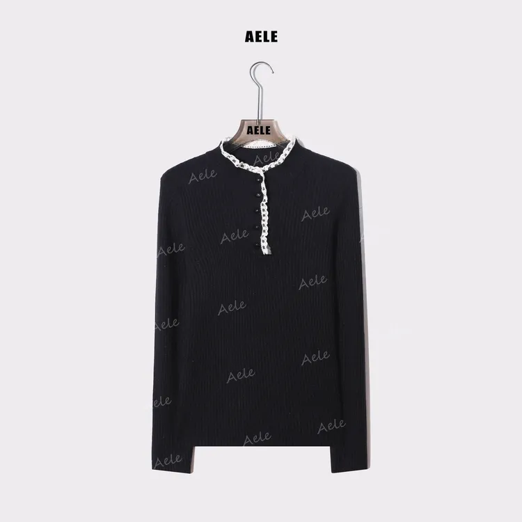 AELE【巧克力豆】针织衫女纽扣半开领蕾丝边长袖毛衣 X855 5111 AD