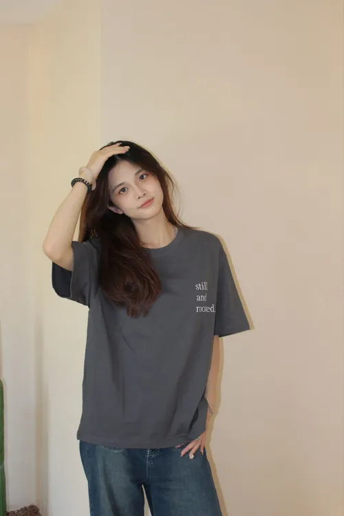 2025夏季纯棉短袖男女款T恤复古圆领简约深灰色印花休闲百搭宽松