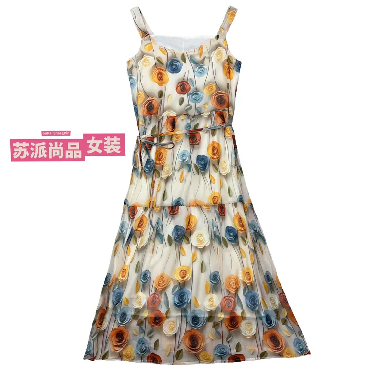 2025春夏款时尚百搭修身显瘦减龄气质碎花吊带连衣裙女士裙子7980