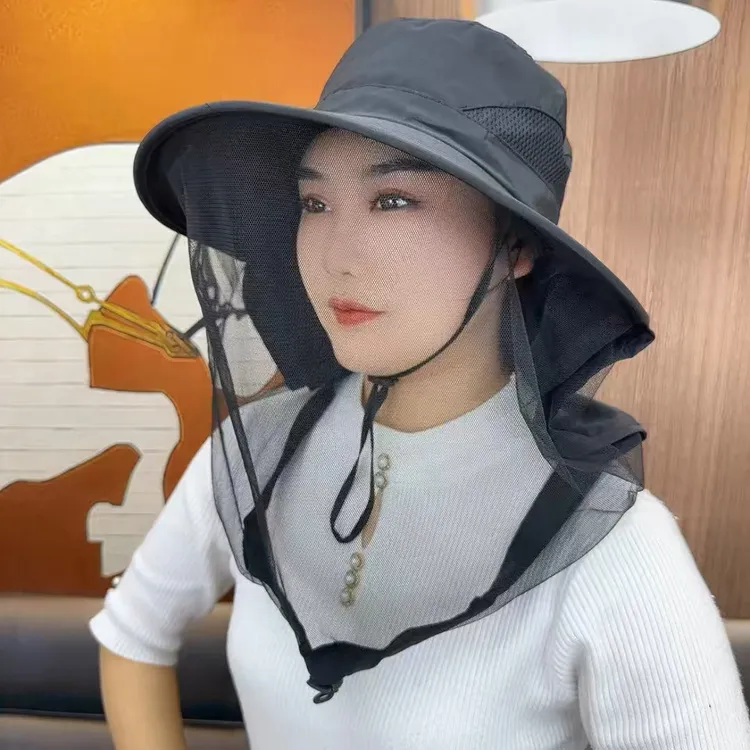 防蚊帽户外钓鱼帽男女遮脸防晒帽透气网纱面罩夜钓防虫防蜂帽大檐