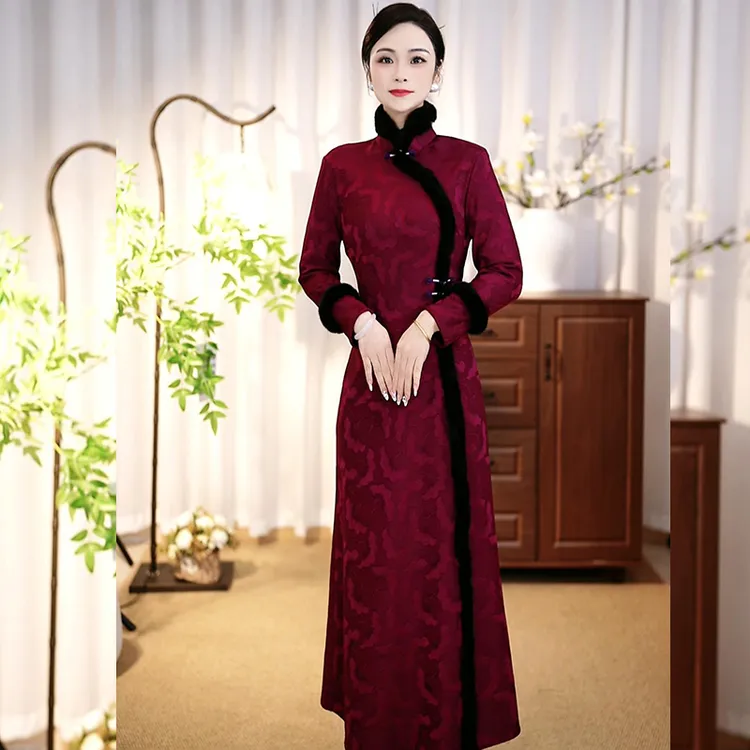 [Feel377]新款高端提花复古长袖中国风加绒加厚冬款旗袍连衣裙