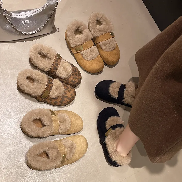 毛毛单鞋舒适百搭轻便魔术贴保暖内增高防滑复古冬季毛毛鞋