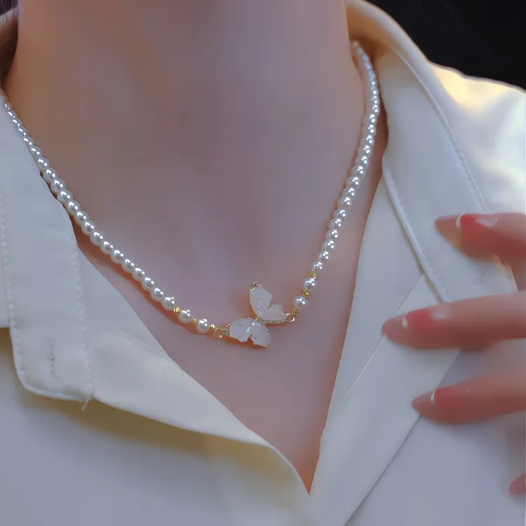 钛钢仿珍珠项链 【珠珠蝴蝶】轻奢百搭气质锁骨链法式项链毛衣链女