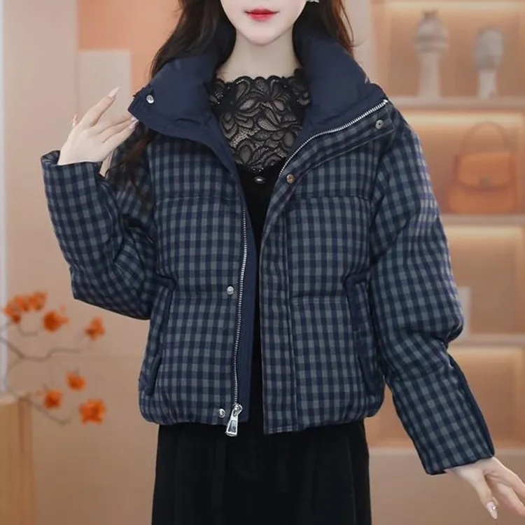 蓝色格子立领短款棉服女冬季韩系小个子时尚百搭2025超火减龄外套