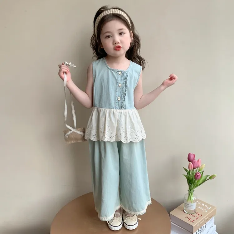 女童花边牛仔套装2025新款儿童夏装韩版洋气宝宝夏季阔腿裤两件套