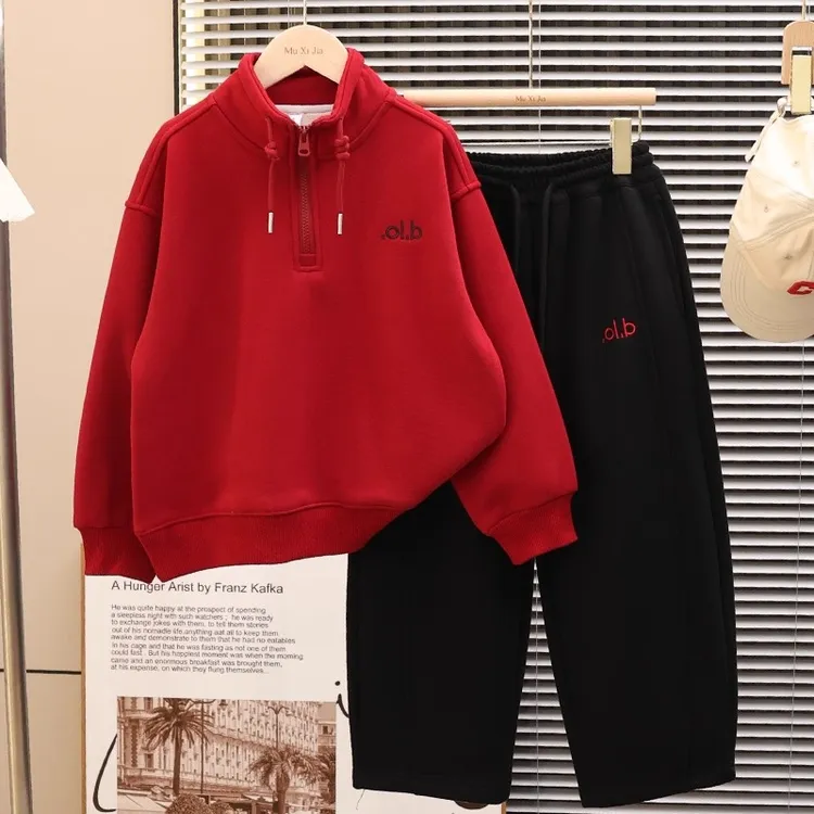 男童加绒套装秋冬款2026新款大儿童加厚冬季拜年本命新年红色衣服