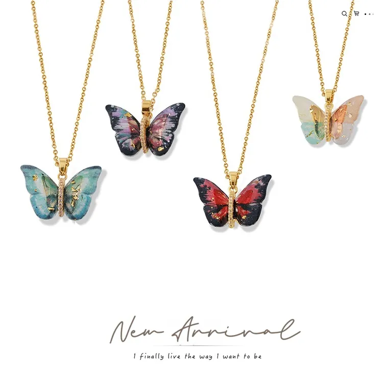 钛钢项链 波西米亚优雅多色树脂蝴蝶造型铜吊坠镶钻设计感饰品