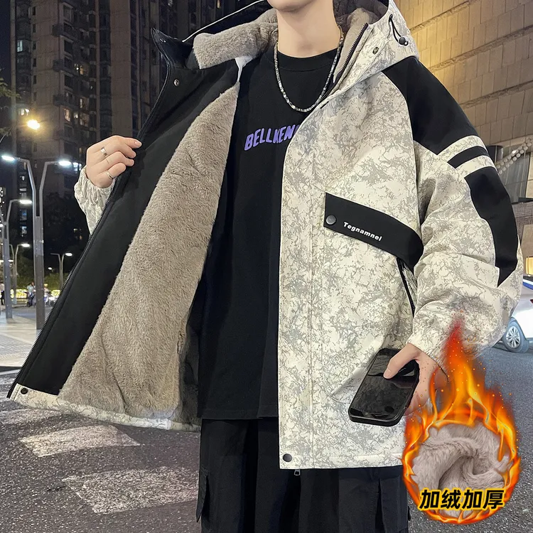 男士秋冬季加绒加厚保暖连帽夹克外套休闲宽松潮流韩版冬装棉衣服