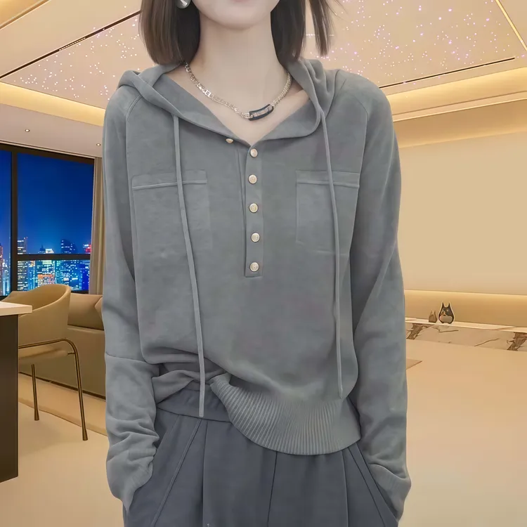 秋季宽松半开领连帽针织衫套头女2025新款单排扣休闲百搭长袖小衫