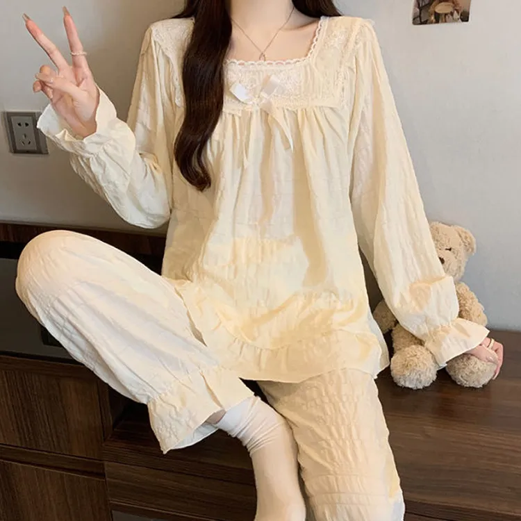 【星】甜美公主风纯色系薄款长袖长裤睡衣女家居服套装5054