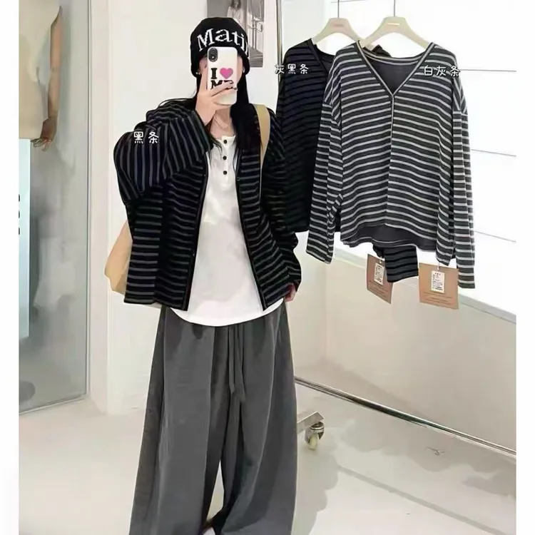 休闲松弛感长袖外搭条纹针织开衫韩系宽松百搭上衣+阔腿裤