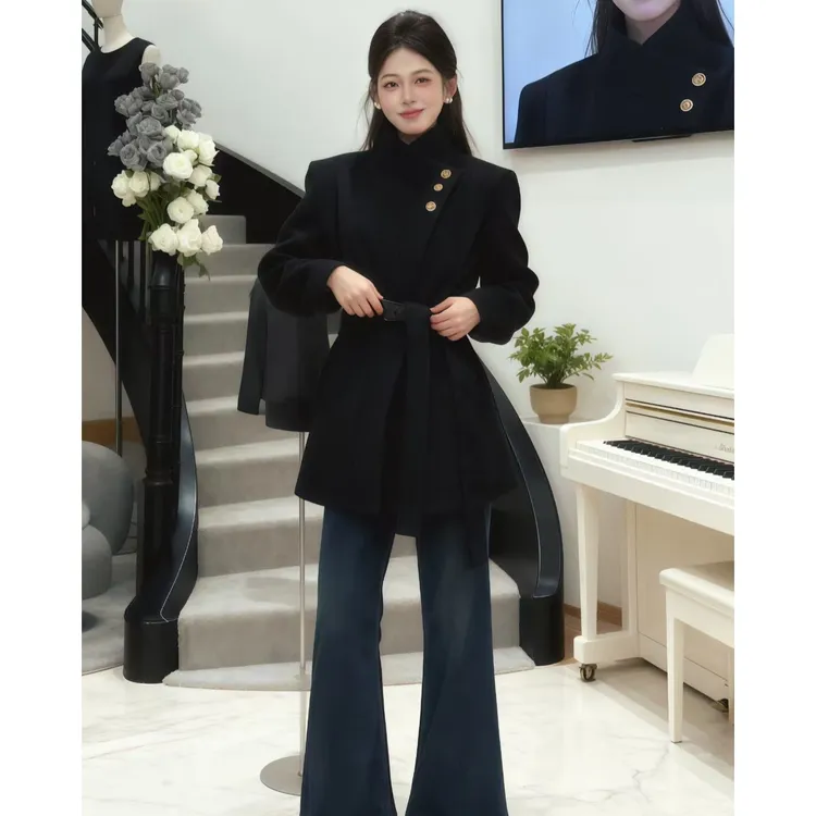 秋冬韩版洋气内里毛呢外套女小个子显瘦收腰气质炸街大衣