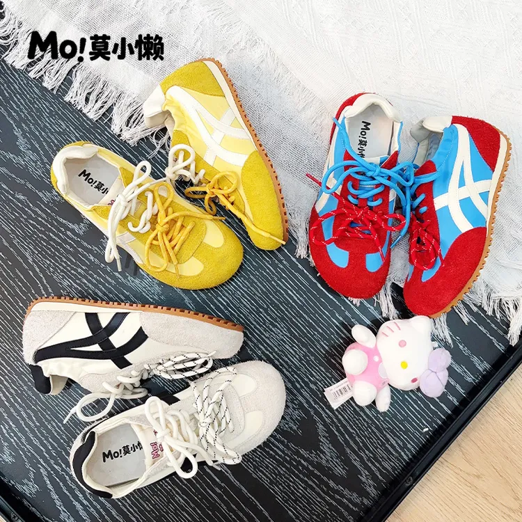 【MO莫小懒】6CM~圆头歪头真皮内增撞色德训鞋芭蕾风系带运动红色鞋