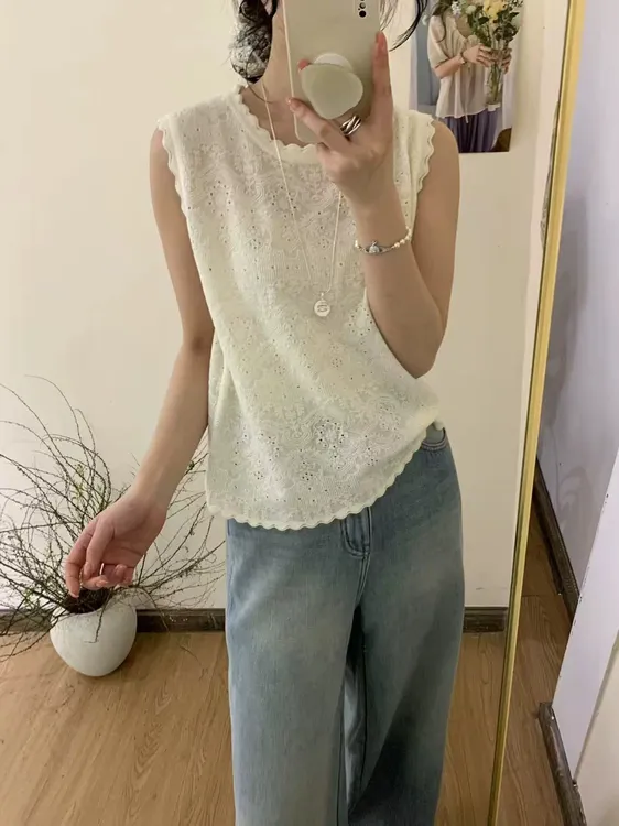 秋季夏季无袖圆领针织衫女时尚提花镂空气质薄款毛针织衫