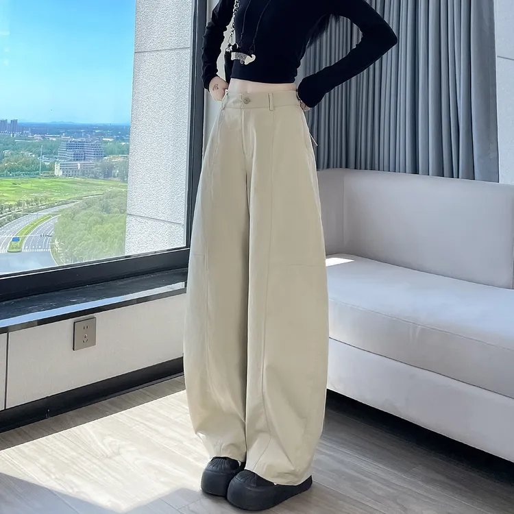 卡其色美式香蕉阔腿裤女春秋季2025新款高腰垂感显瘦宽松弯刀裤子