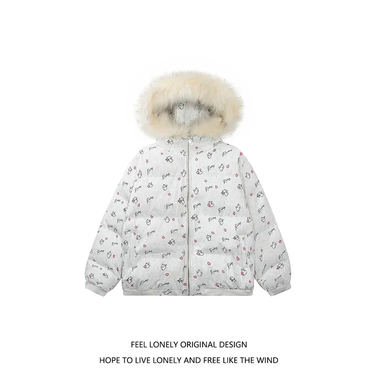 女2025冬季新款可爱卡通棉服小个子加厚外套毛领连帽短款棉袄棉衣