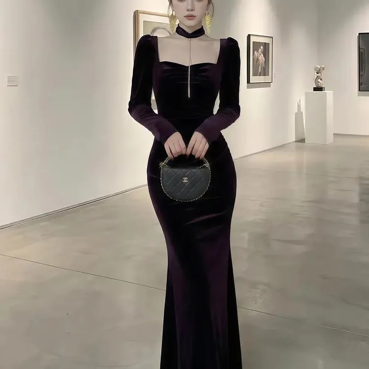 优雅气质包臀鱼尾裙流行时尚女装法式轻奢丝绒连衣裙长袖性感显瘦
