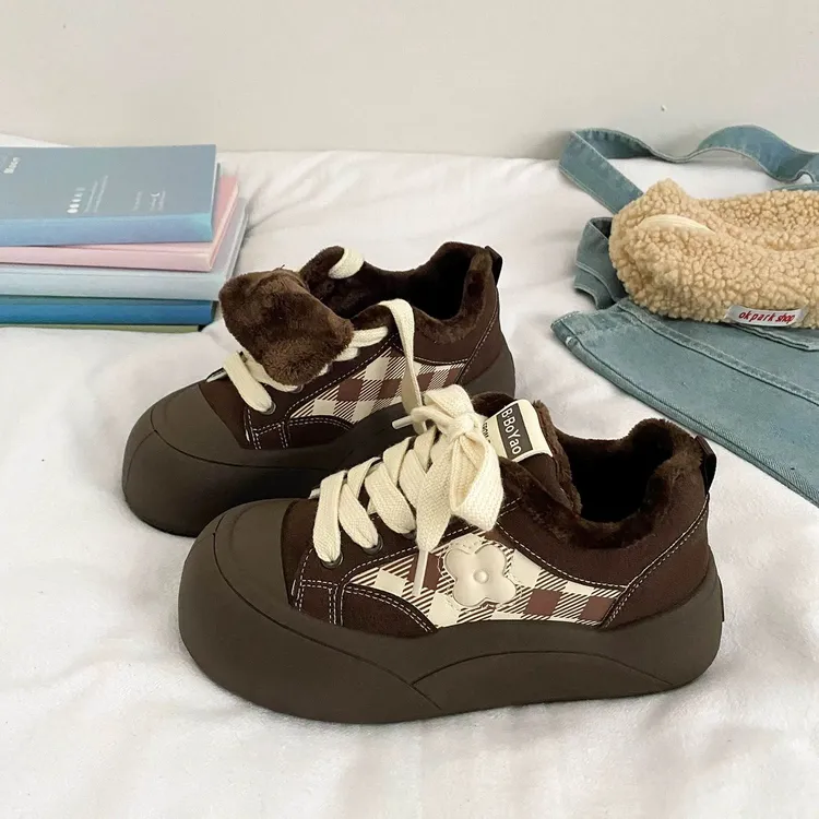 格子加绒面包鞋厚底棉鞋女2025新款百搭加厚保暖小众休闲二棉板鞋
