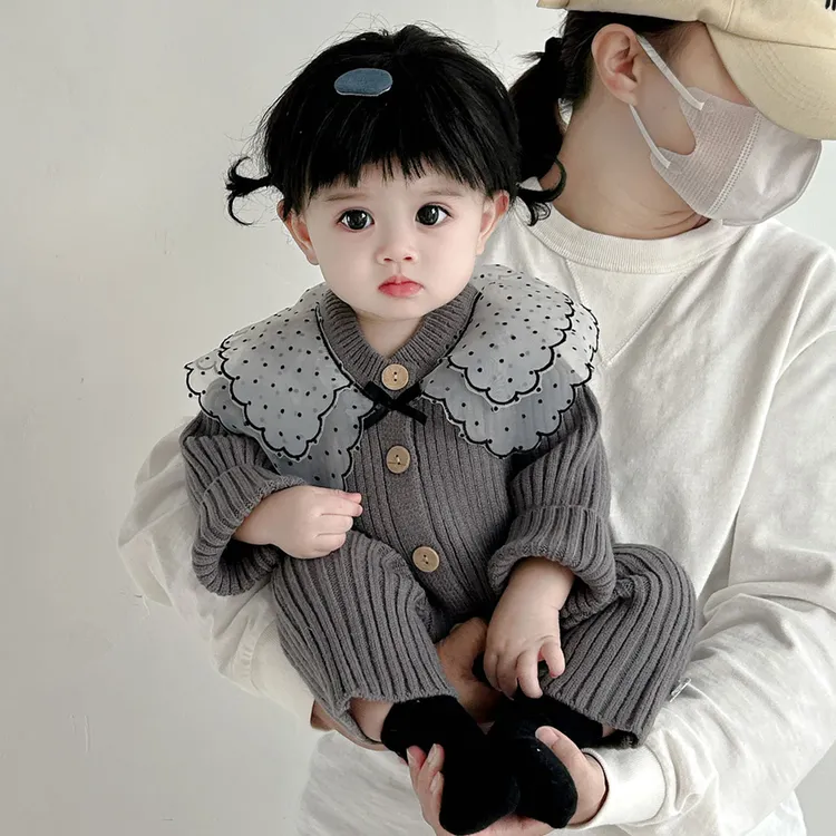 婴儿娃娃领春秋装连体衣女宝宝针织爬服公主哈衣女童外出服Z1285