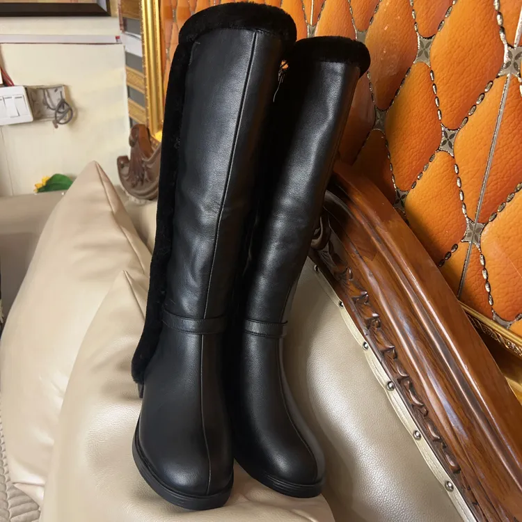 复古真皮粗跟加绒长筒靴女秋冬百搭显瘦时装靴