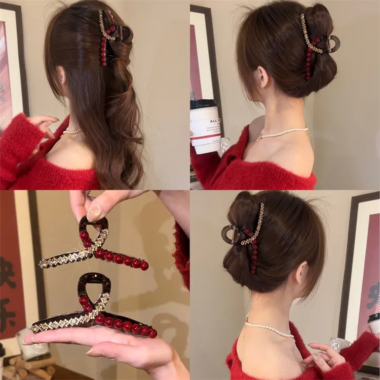熹金新年红色闪钻抓夹女2025新款发夹后脑勺高级感盘发鲨鱼夹头饰