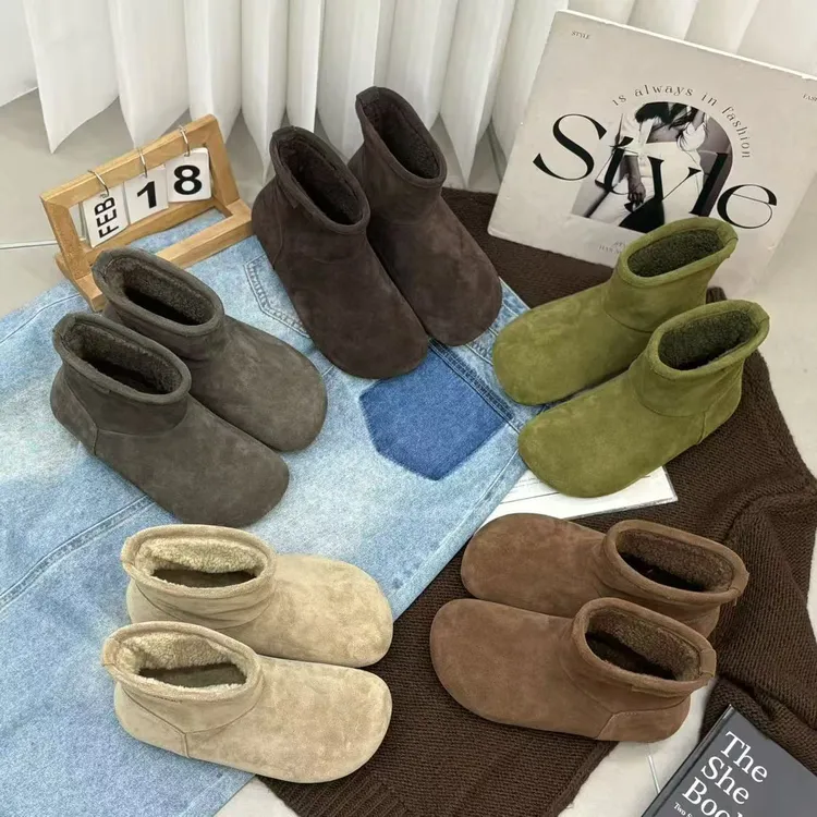 108089新款加绒保暖冬季中筒套脚纯色休闲女靴复古百搭平底女鞋