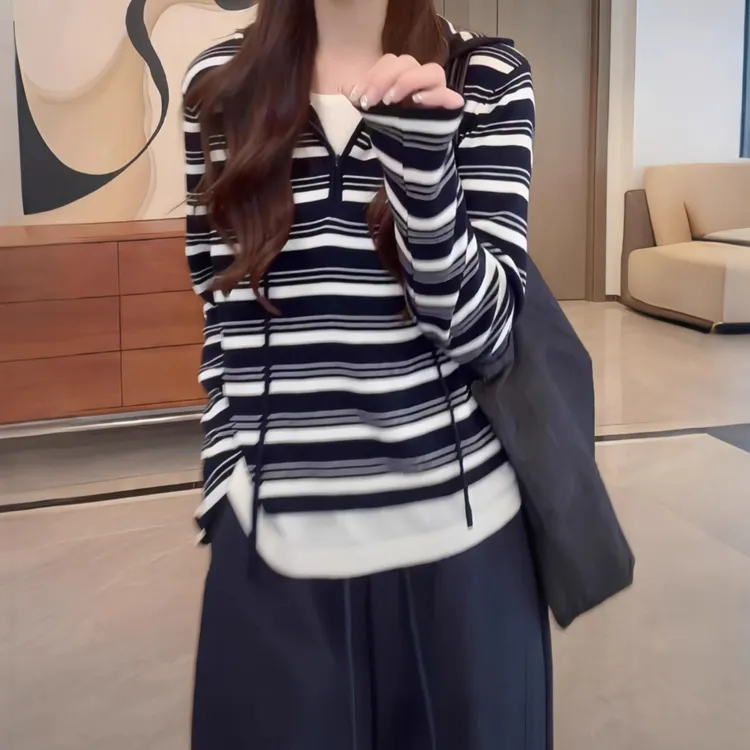秋季休闲时尚百搭舒适连帽拉链假两件针织衫C6178