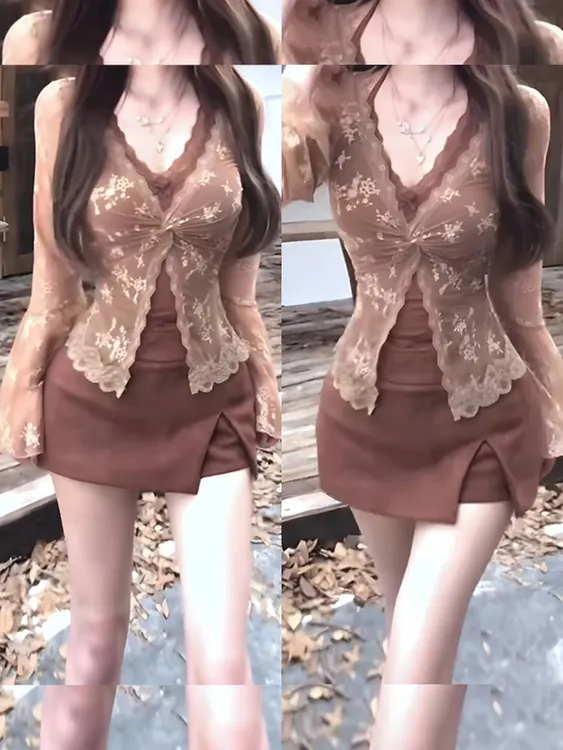 大码胖mm秋季设计感拼接上衣半身裙套装女装韩系修身显瘦开衫短裙