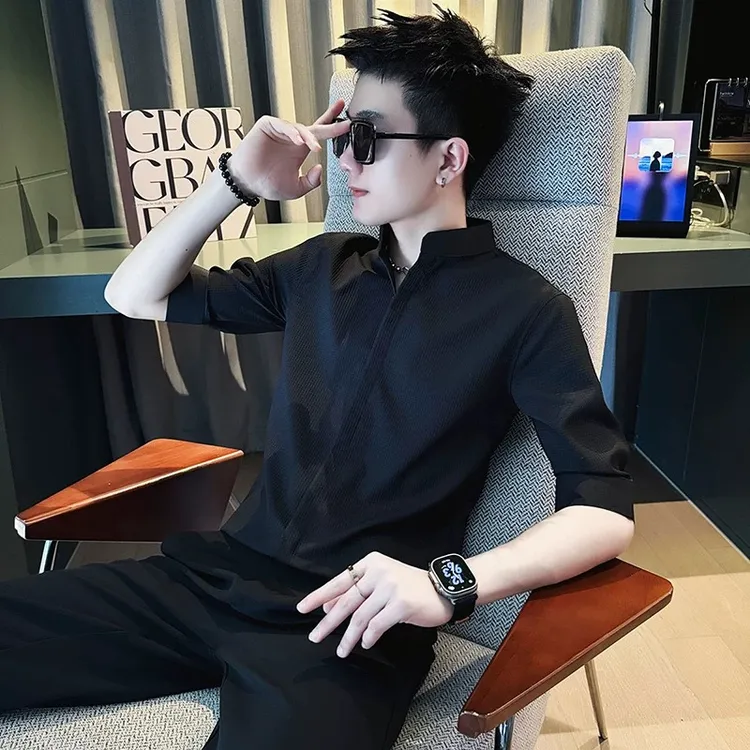 华夫格衬衫男短袖夏季痞帅立领衬衣男装2025新款夏装男士中袖上衣