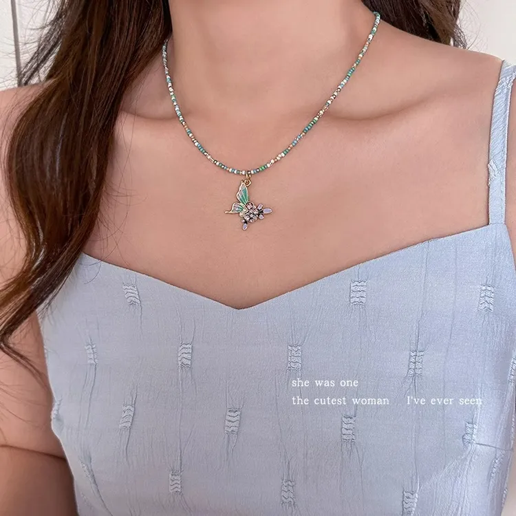 合金项链 撞色蝴蝶吊坠串珠项链女款2025新款锁骨链甜酷颈链配饰