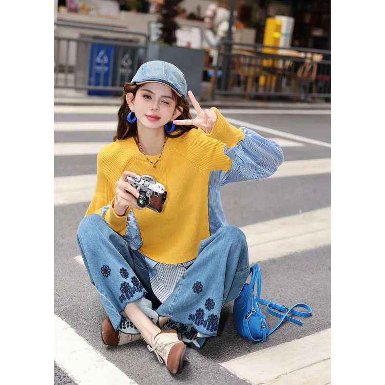 陈大器【稻香拂晓】复古港风假俩件拼接休闲宽松衬衫上衣JA5468079