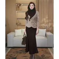 AN【两件套】【有里布】咖色长袖上衣+鱼尾半身裙套装TX0275