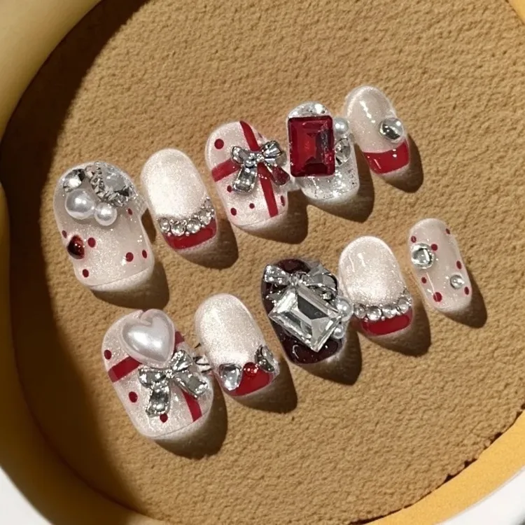 【爱心红韵】手工高定猫眼红色短款爱心蝴蝶结可爱穿戴甲秋冬必备