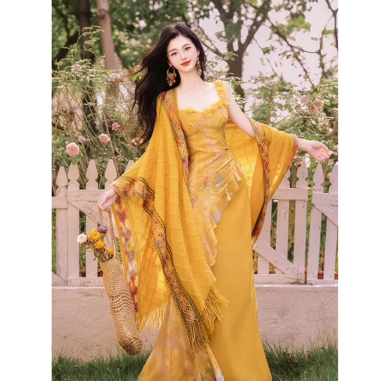 南法度假风连衣裙夏季新款女今年流行漂亮套装裙海边旅游套装裙