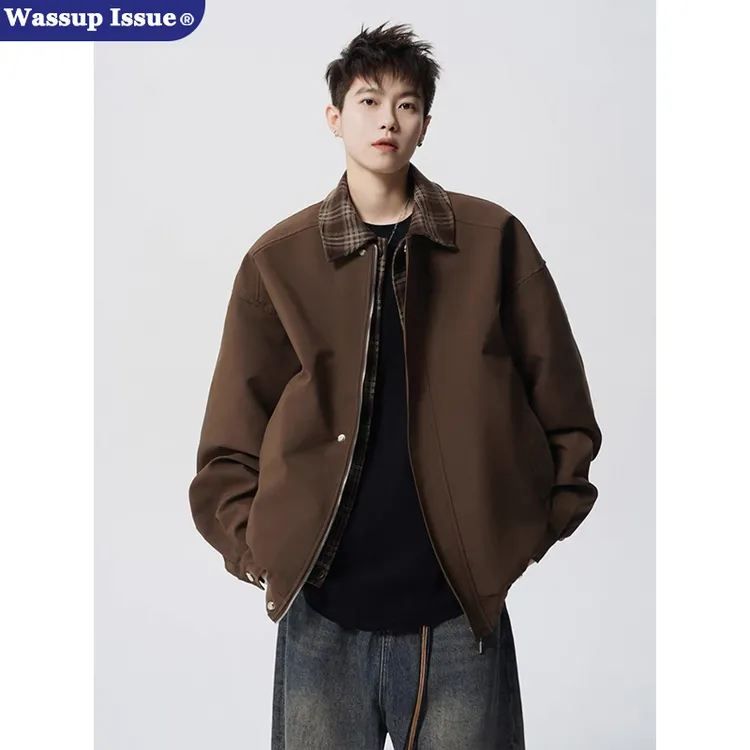  WASSUP ISSUE美式棕色飞行夹克男款春季潮牌格纹翻领假两件外套