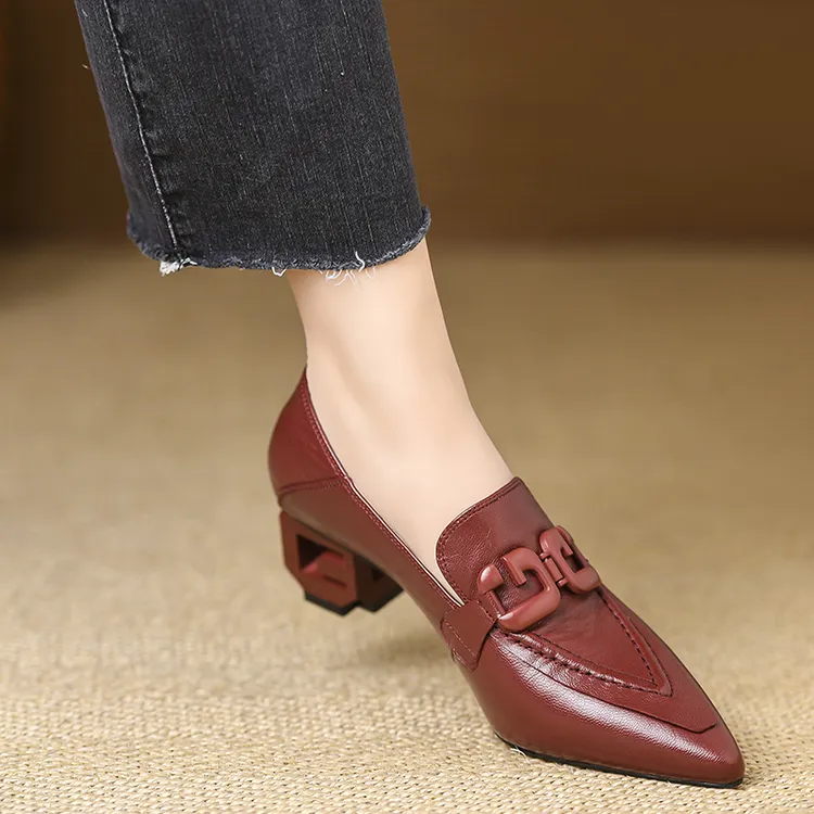 小个子手工女鞋5.5cm~尖头气质高跟鞋舒适百搭镂空粗跟深口单鞋女