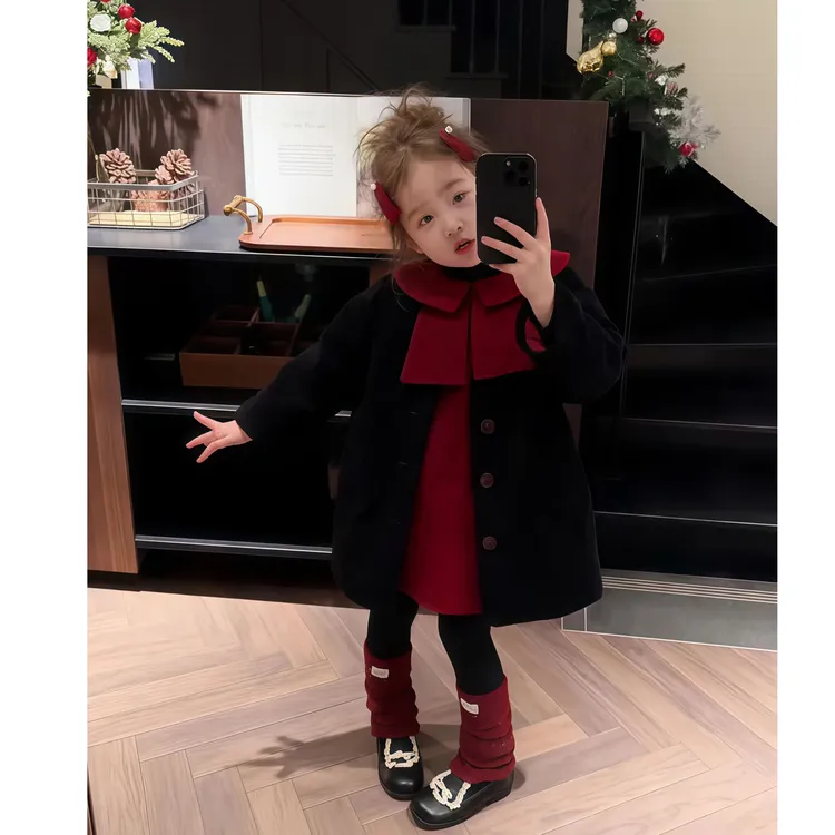 壹妈童装女童韩版秋冬款时髦黑色英伦风单排扣大衣外套红色连衣裙