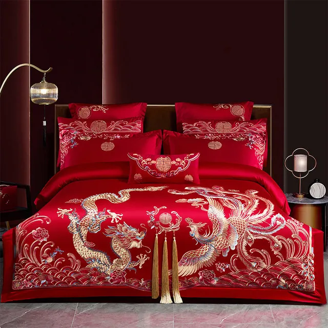 高级感结婚四件套喜庆大红色龙凤刺绣婚庆六件套棉喜被床上用品