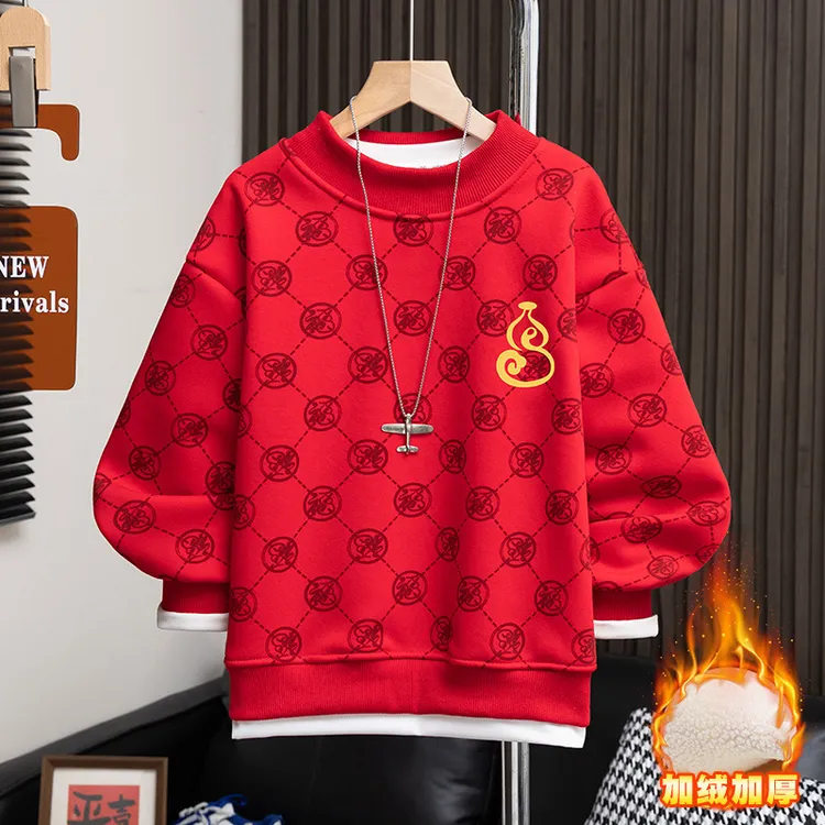 贝伊萌男童喜庆红色卫衣2025新款年服中大童儿童加绒冬季加绒国潮