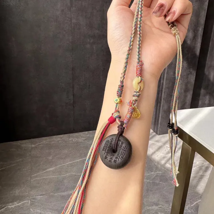 非金属木质吊坠 新中式山鬼花钱手搓棉线编织平安扣复古风项链