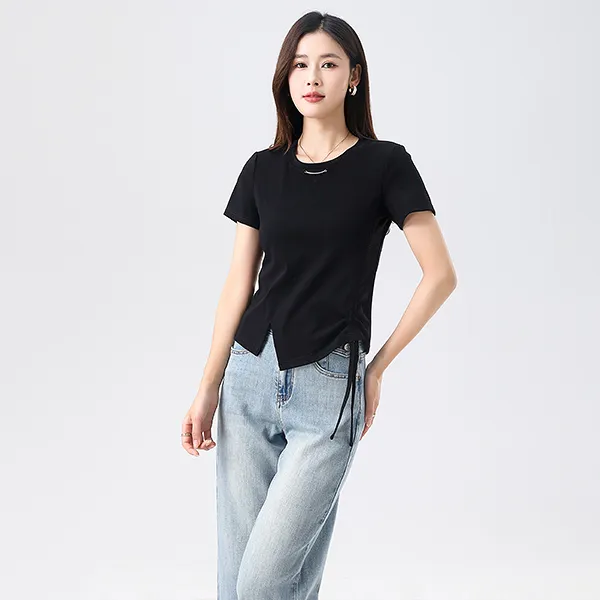 燕苹夏季修身显瘦抽褶绑带下摆开叉设计感针织打底衫T恤ZQY25-21